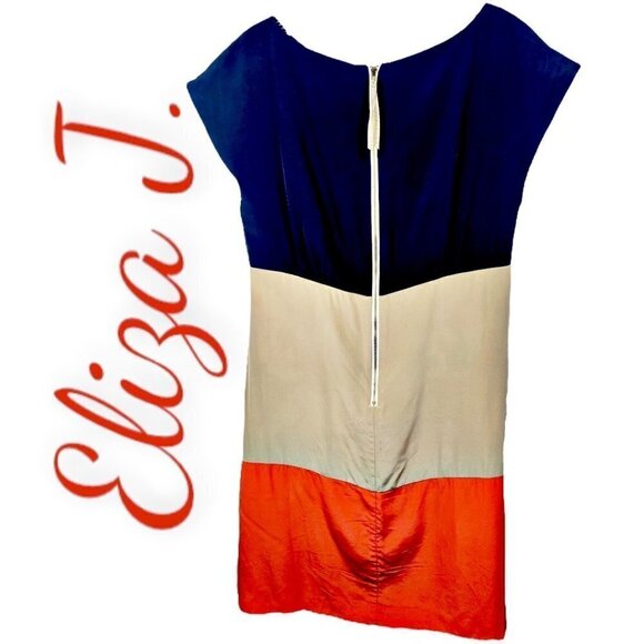 Eliza J 100% Silk Royal Collection Color Blocked Shift Dress in Navy, Tan, 8 - Picture 5 of 9
